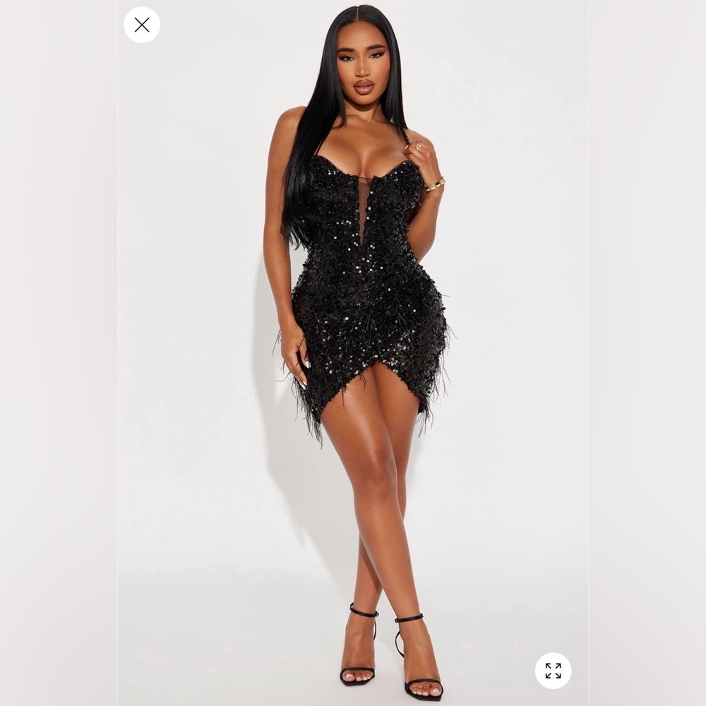 Fashion Nova Black Sequin Feathered Mini Dress